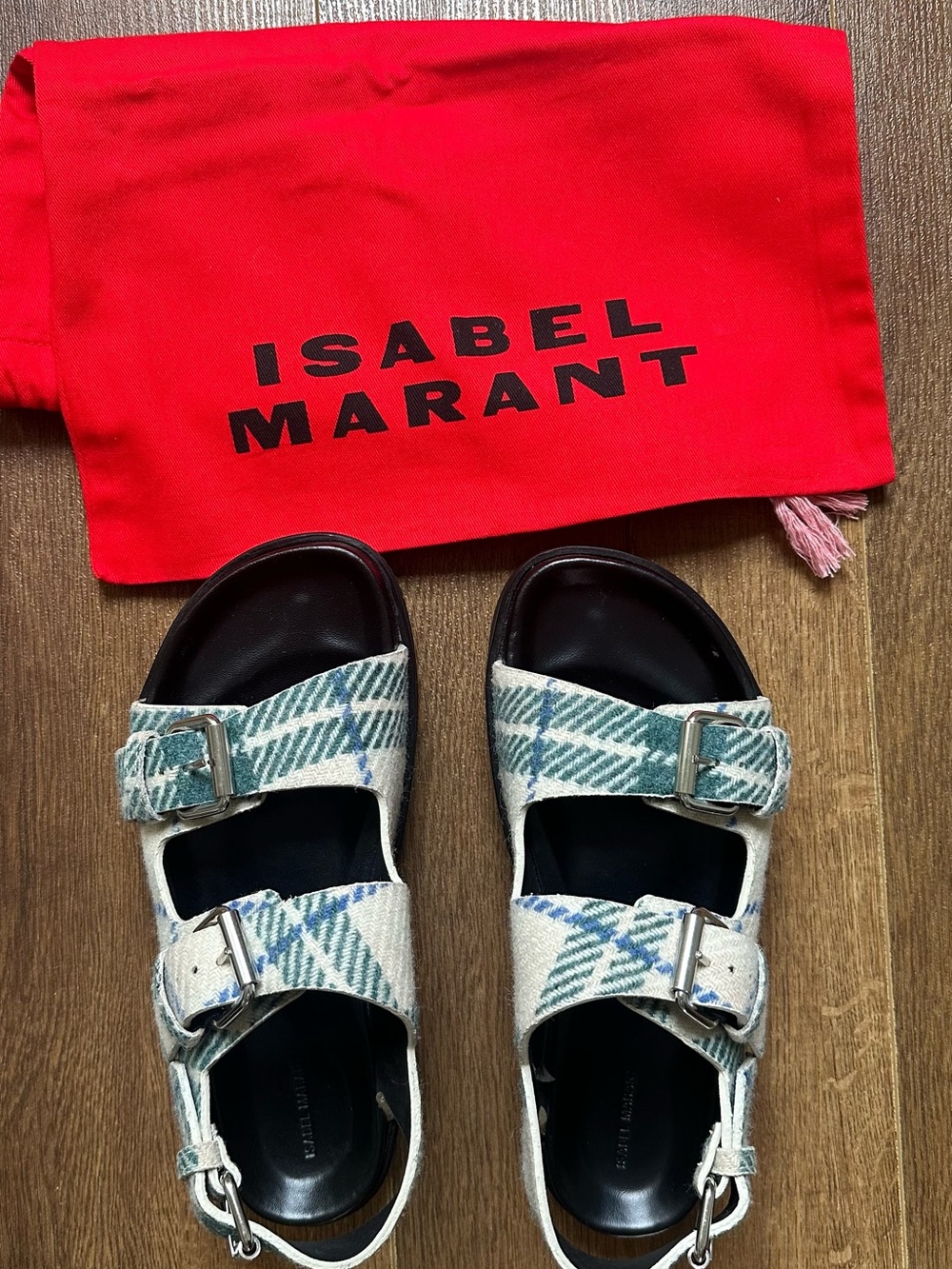 Isabel Marant Plaid Buckle Sandals in Blue and Green and off white